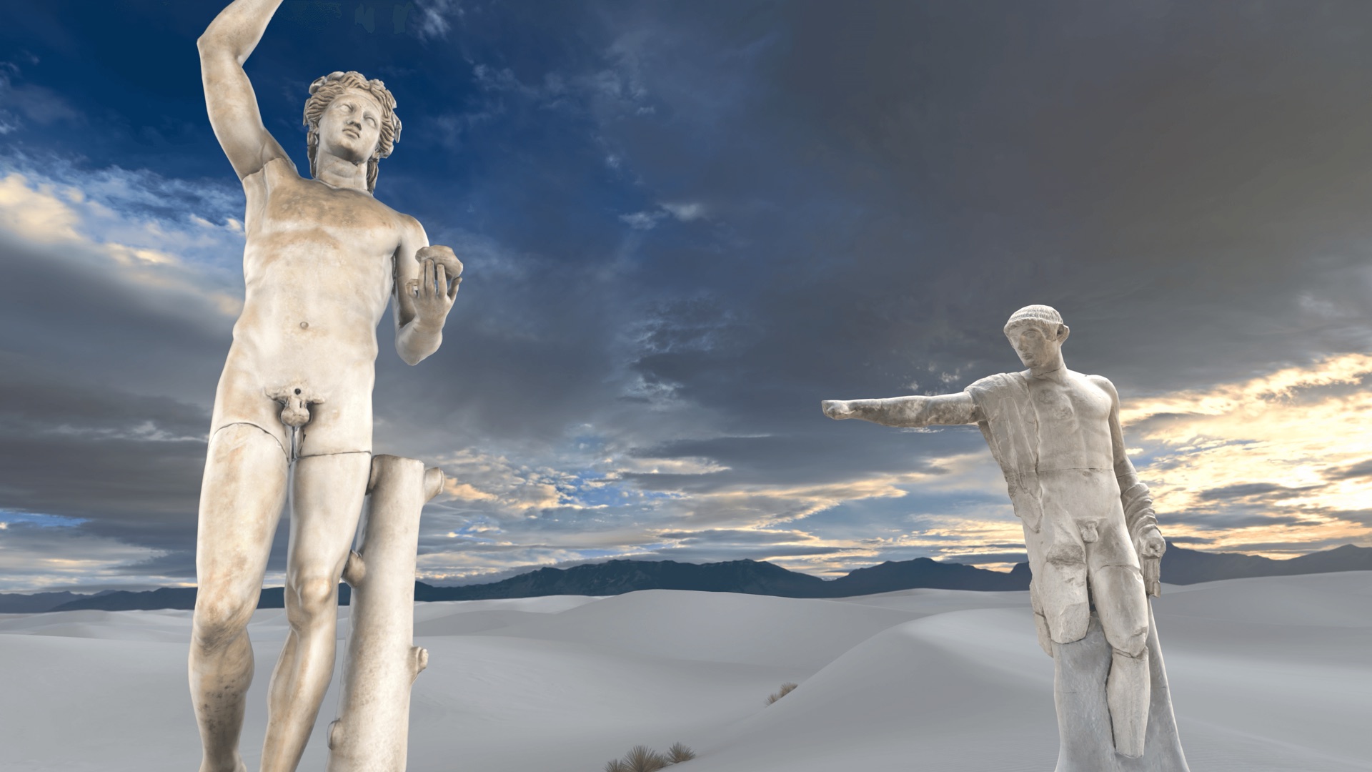 3D reconstructed classical statues in a desert environment